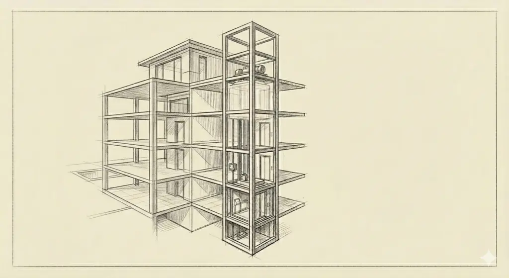 A premium, glass-walled luxury home elevator cabin with a brushed bronze metal finish, showing a passenger inside, engineered for seamless integration across multiple floors within an expansive residential building or bungalow.