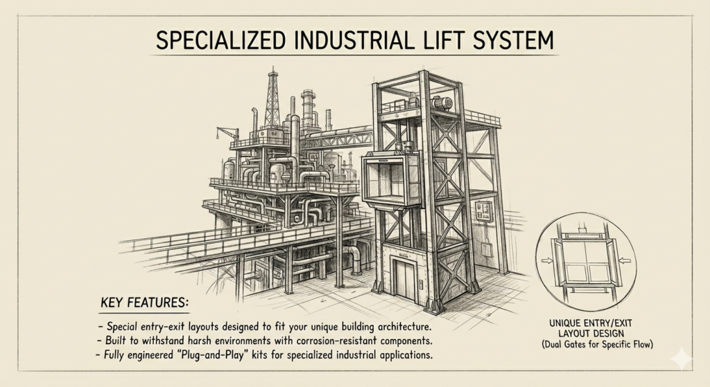 A detailed technical illustration of a specialized industrial lift system integrated into a complex multi-level factory structure. The drawing highlights a robust elevator shaft with a "Z-drive" configuration and a secondary diagram showing a unique dual-gate entry-exit layout for efficient material flow.