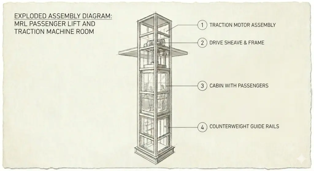 modern Passenger Lift system showing the internal components, including the traction motor, glass-walled cabin with passengers, and the guide rail structure, designed for high-rise residential and commercial buildings.